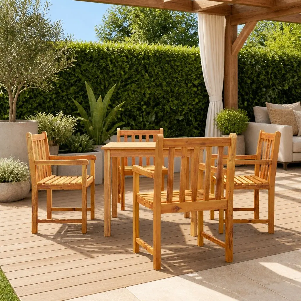 Garden Dining Set 5 Piece Outdoor Furniture Brown Solid Wood Acacia Chairs Table