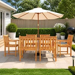 Garden Dining Set 7 Piece Outdoor Furniture Brown Solid Acacia Wood Table Chairs