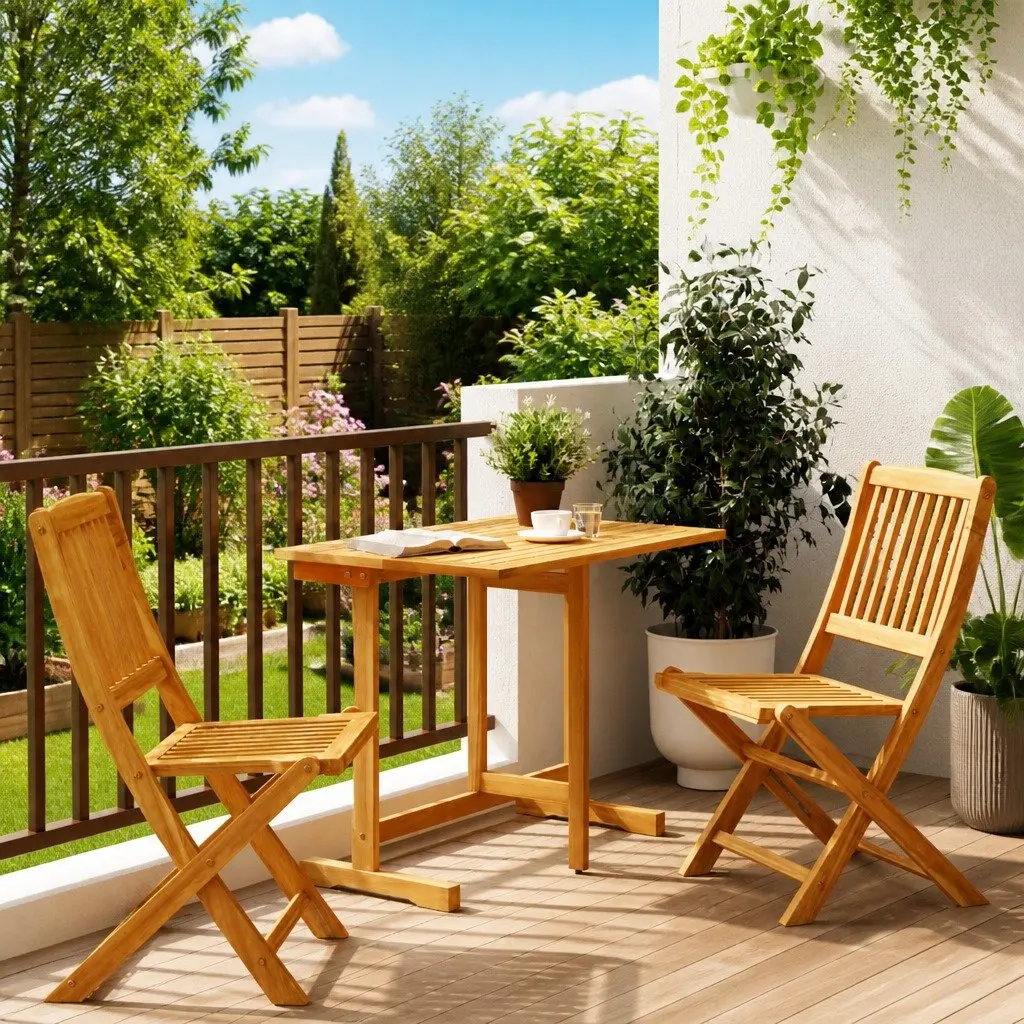 Folding Garden Dining Set 3 Piece Outdoor Bistro Table Chairs Solid Acacia Wood Brown