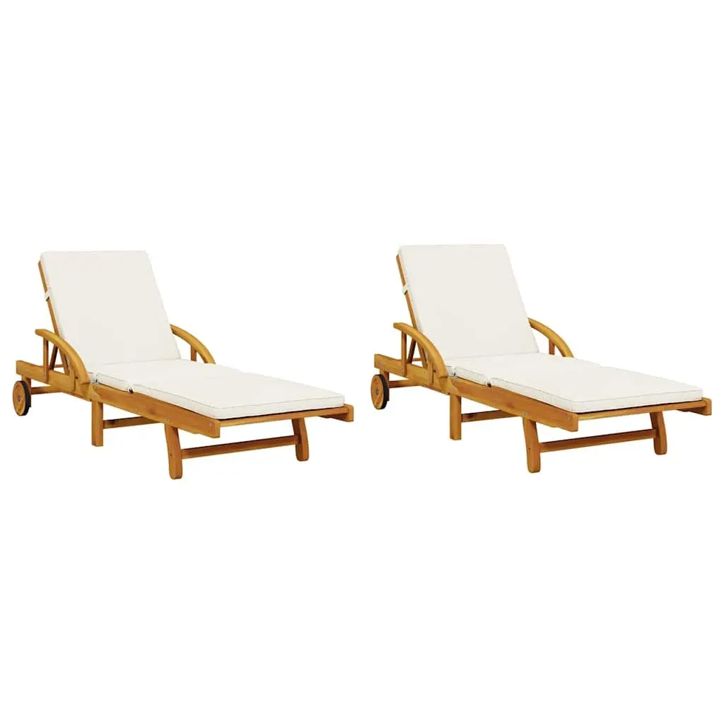 Sun Loungers Set 2 pcs Solid Acacia Wood Reclining Outdoor with Pull Out Table Brown