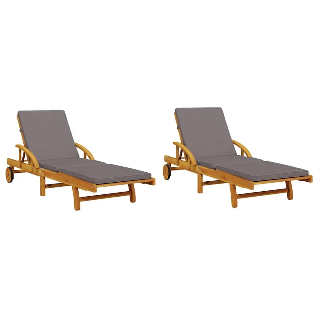 Sun Loungers Set 2 pcs Pull-Out Table Solid Acacia Wood Brown Outdoor Furniture
