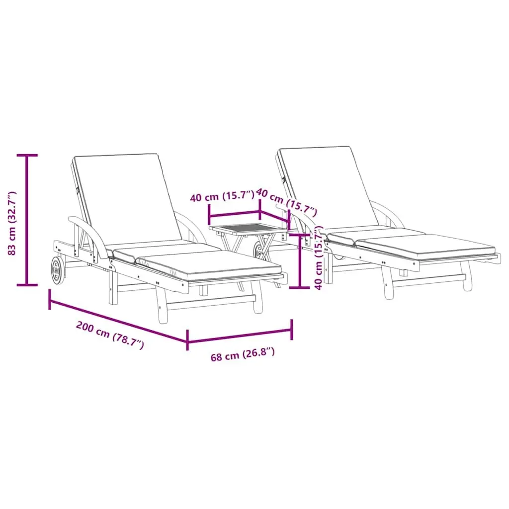 Sun Loungers Set 2 pcs Pull-Out Table Solid Acacia Wood Brown Outdoor Furniture