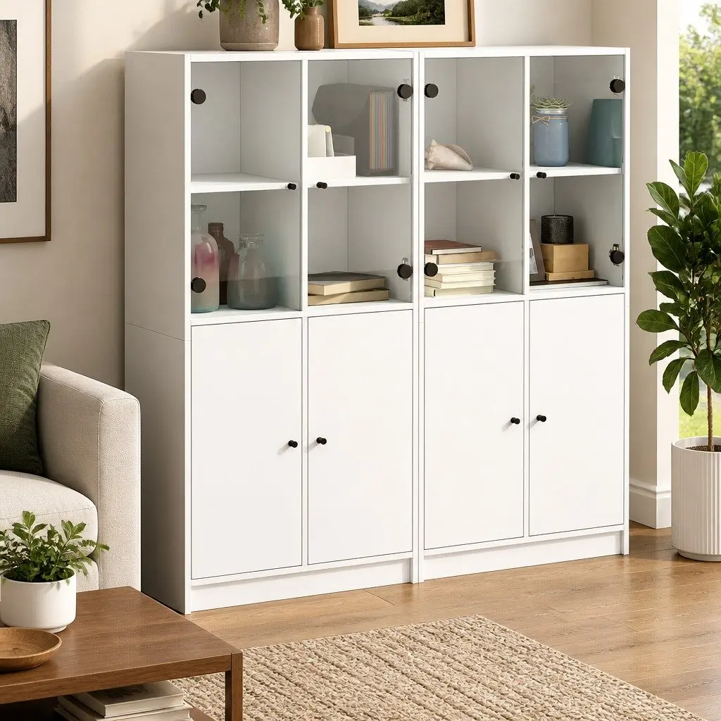 Bookcase with Doors Engineered Wood Storage Cabinet 136W x 37D x 142H cm White