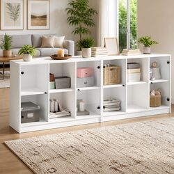 Bookcase with Glass Doors Storage Cabinet White Modern Shelving Unit 204x37x75cm