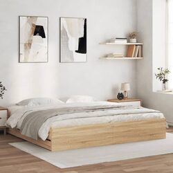 King Bed Frame with Storage Drawers Slatted Base Sonoma Oak Brown 183x203cm