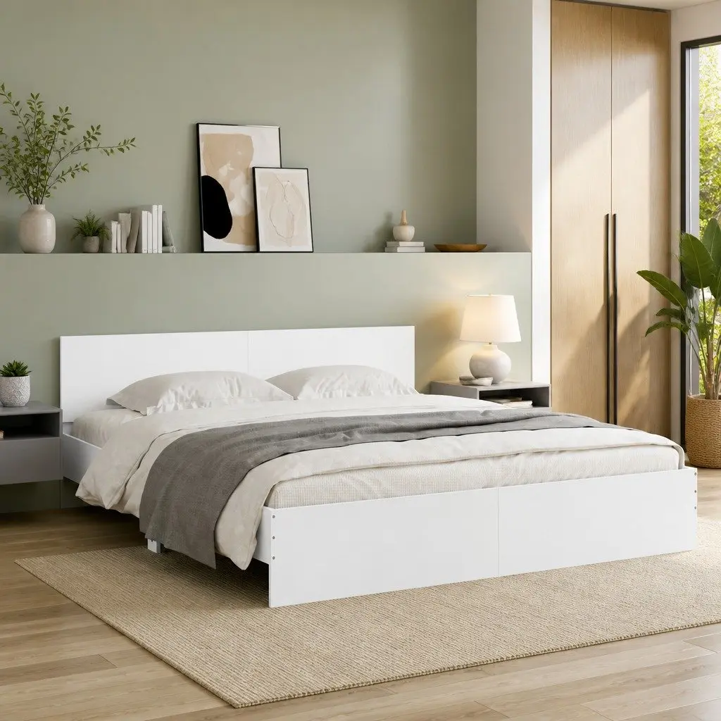Bed Frame White Slatted Base 183x203 cm with Headboard