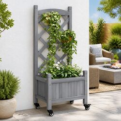 Wooden Garden Planter with Trellis Fence Panel Wheels Grey Outdoor Patio
