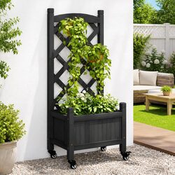 Wooden Planter with Trellis and Wheels Black Garden Outdoor Climbing Plants