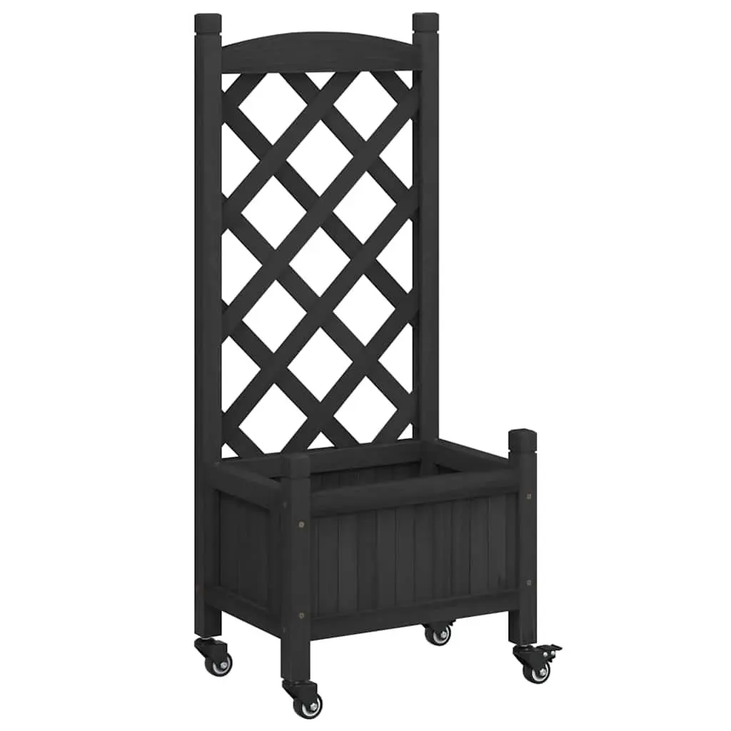 Wooden Planter with Trellis Wheels Black Solid Fir for Climbing Plants Garden Outdoor
