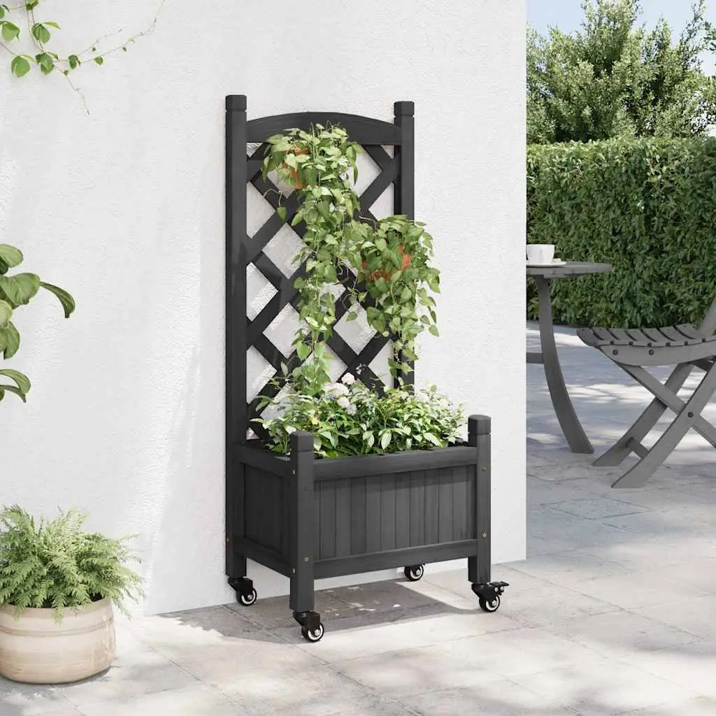 Wooden Planter with Trellis Wheels Black Solid Fir for Climbing Plants Garden Outdoor
