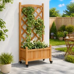 Wooden Planter with Trellis and Wheels Brown Fir Garden Climbing Plants Patio