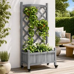 Wooden Garden Planter with Trellis Climbing Support and Wheels Grey Fir