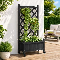 Wooden Planter with Trellis and Wheels Black Garden Patio Climbing Plants Pot