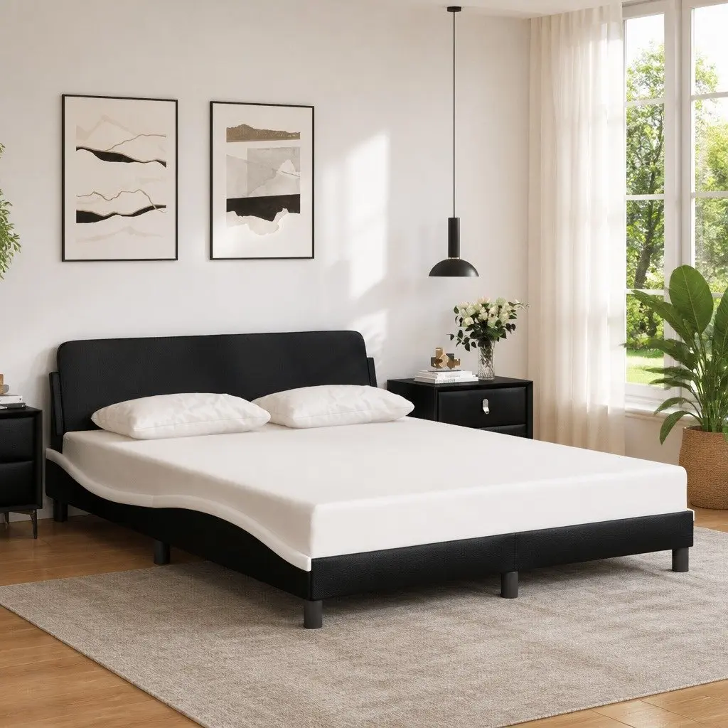 Queen Bed Frame Faux Leather Upholstered Headboard 152x203cm Black