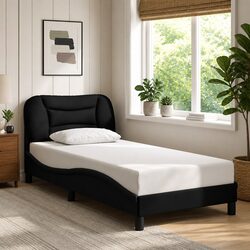 Fabric Bed Frame 90x190 cm with Headboard Cushion Plywood Slats Black Modern