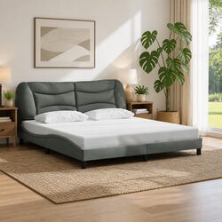 King Bed Frame 180x200 cm Grey Fabric Headboard with Slats Bedroom Furniture