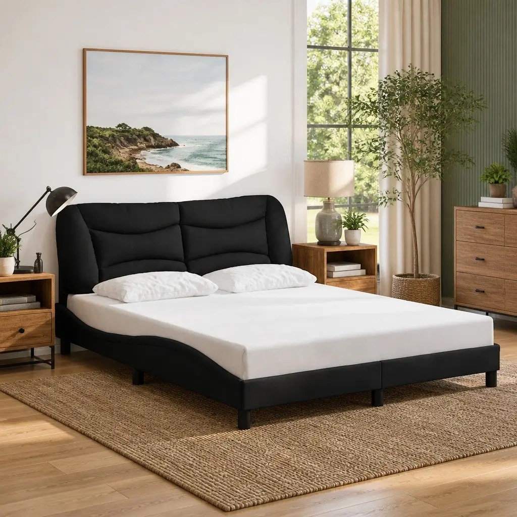Queen Bed Frame Fabric Headboard Plywood Slats Black 152x203cm
