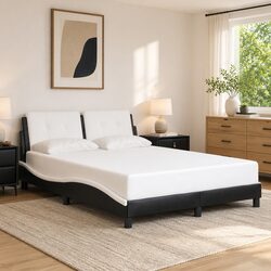 Double Bed Frame with Headboard White Black Faux Leather 137x190cm Bedroom