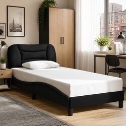 Bed Frame Fabric Headboard Slatted Base 90x190 cm Black Modern Bedroom Furniture