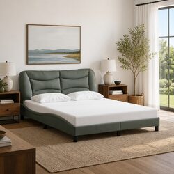Queen Bed Frame Grey Fabric Headboard Plywood Slats Bedroom Furniture 152x203cm