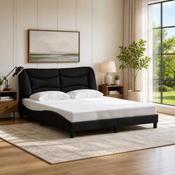Queen Bed Frame Black Fabric Headboard Plywood Slats Cushioned Support Bedroom