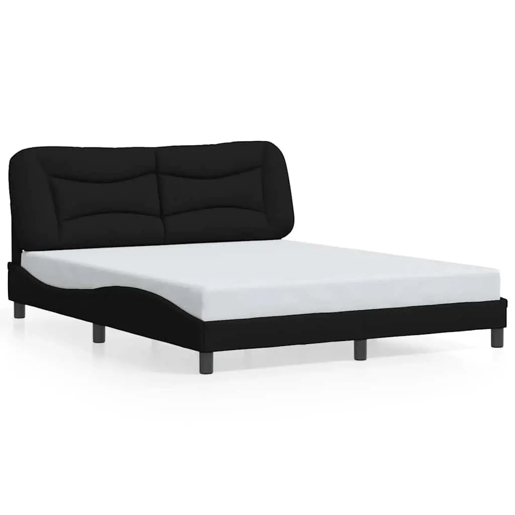 Queen Bed Frame Black Fabric Cushioned Headboard Plywood Slats Support