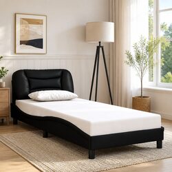 Bed Frame 90x190 cm Black Faux Leather Headboard Bedroom Furniture Slatted Base