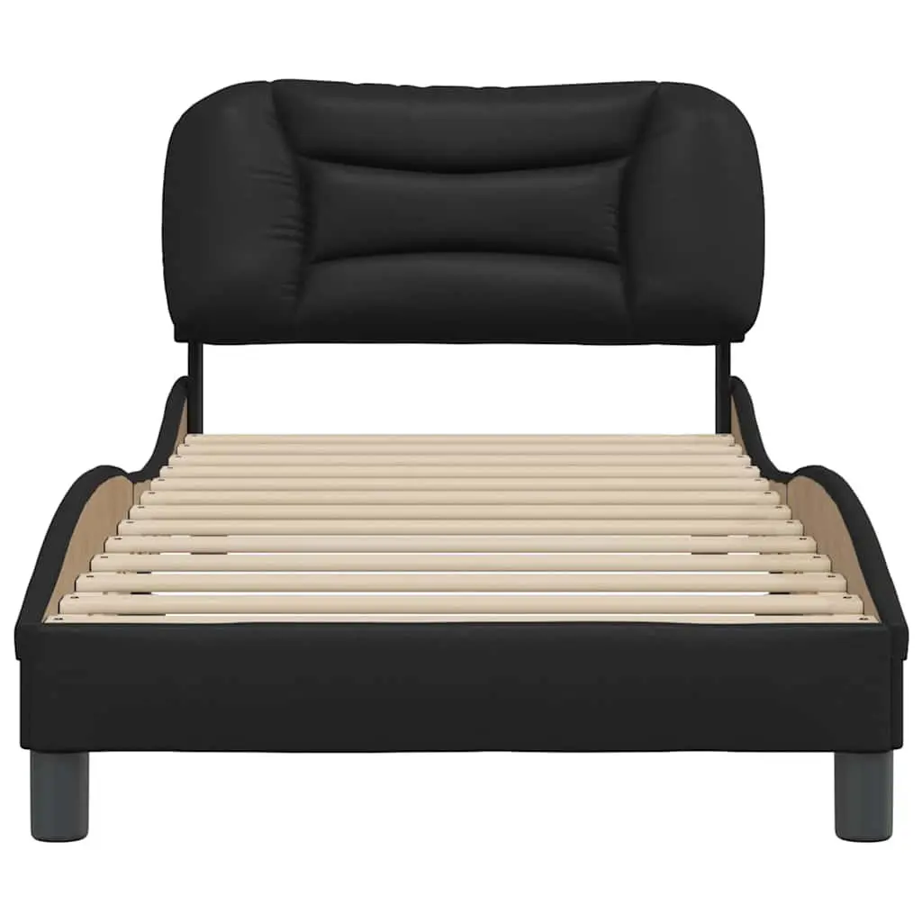 Bed Frame Faux Leather Upholstered Headboard 90x190 cm Black Slatted Base