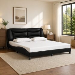 King Bed Frame 180x200cm Black Faux Leather Headboard Slatted Base Bedroom
