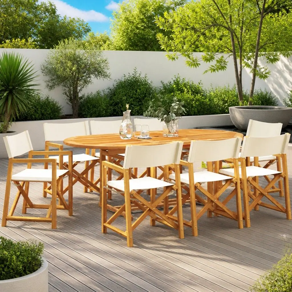 Outdoor Folding Garden Chairs Set of 8 Cream Fabric Director Camping Seating