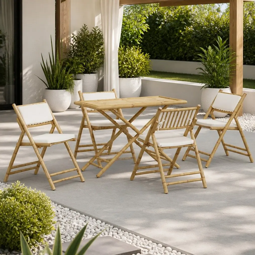 Bistro Set 5 Piece Folding Garden Furniture Bamboo with Cushions Brown