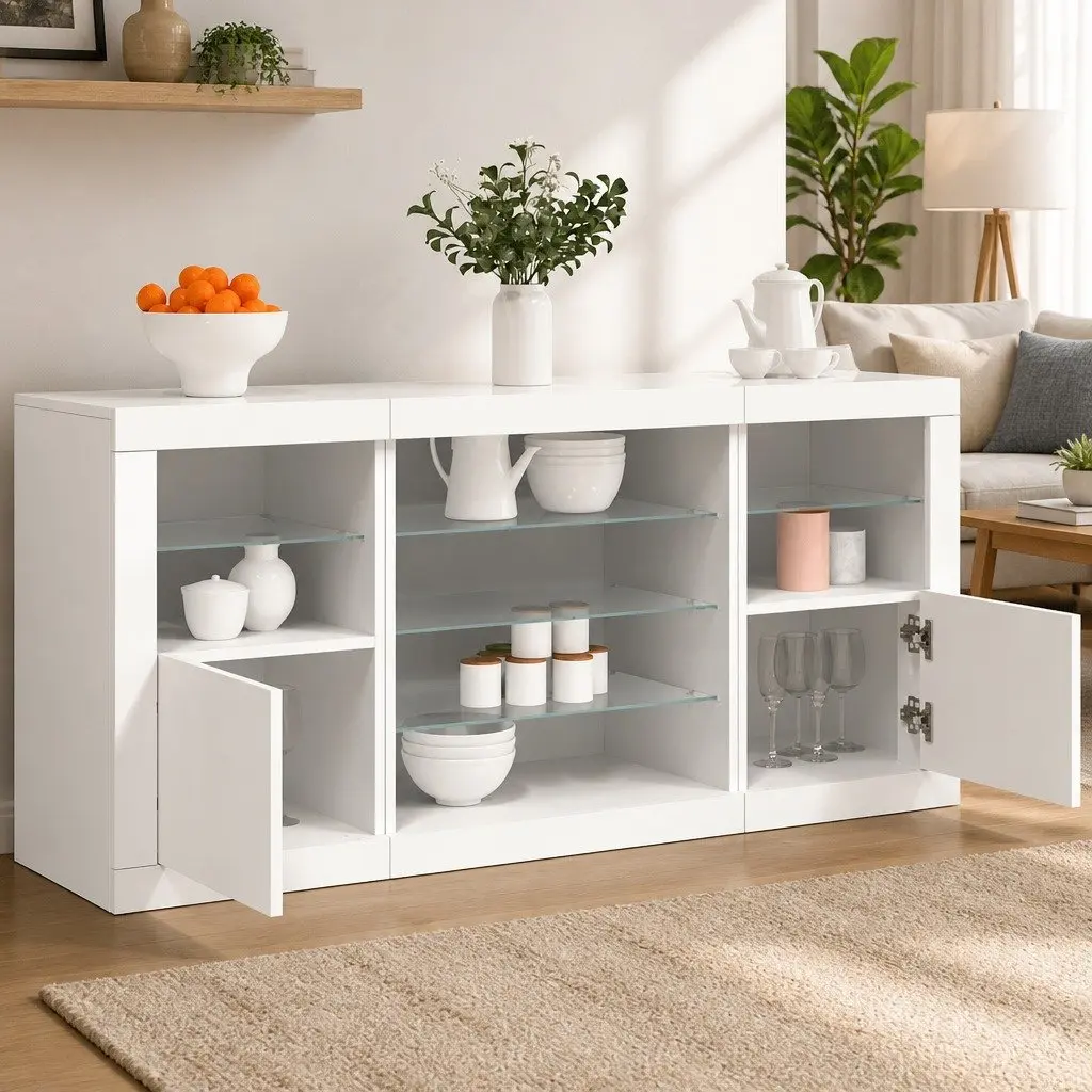 Sideboard Modern Storage Cabinet with RGB LED Lights White 142.5 x 37 x 67 cm