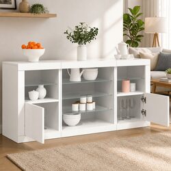 White Sideboard with RGB LED Lights Modern Storage Cabinet Buffet Hallway