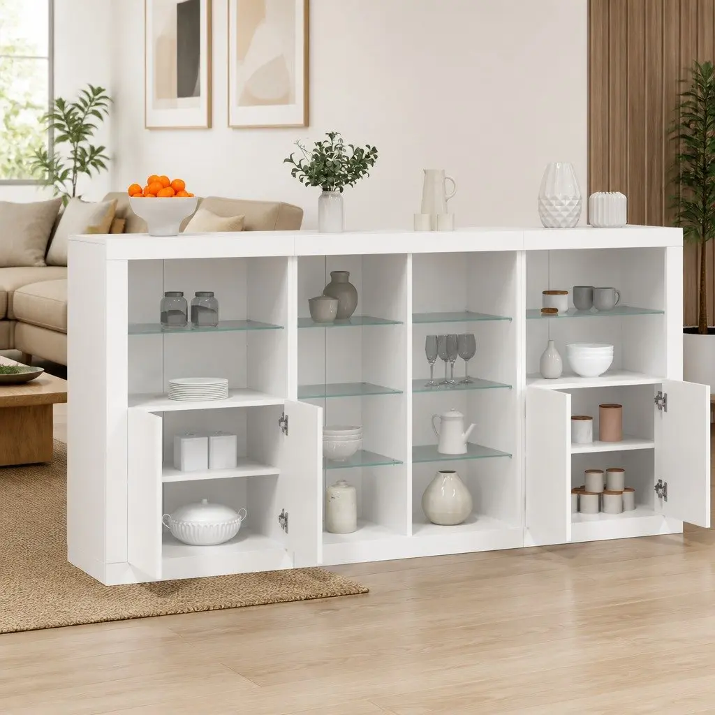 Sideboard Cabinet with RGB LED Lights Modern White Engineered Wood Storage