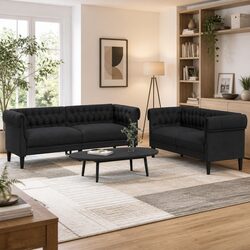 2 Piece Black Fabric Sofa Set Living Room Lounge Seating Modern Design