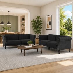 2 Piece Sofa Set Black Velvet Living Room Furniture Modern Design Comfortable