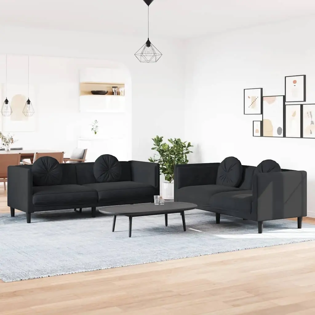 2 Piece Sofa Set with Throw Pillows Black Living Room Furniture Modern Lounge