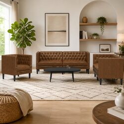 Chesterfield Sofa Set 3 Piece Brown Faux Suede Button Tufted Living Room