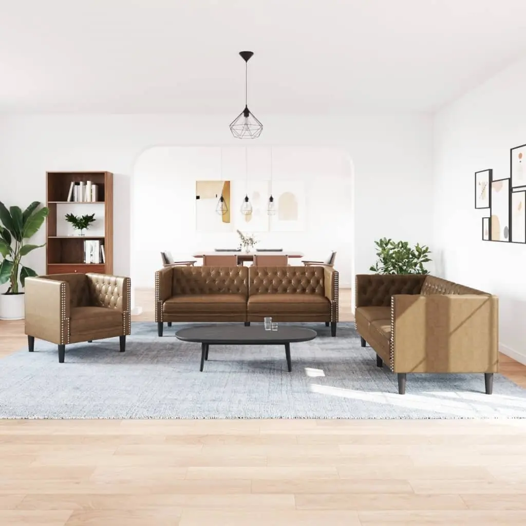 Chesterfield Sofa Set 3 Piece Brown Faux Suede Button Tufted