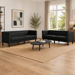 2 Piece Chesterfield Sofa Set Black Faux Leather Button Tufted Living Room