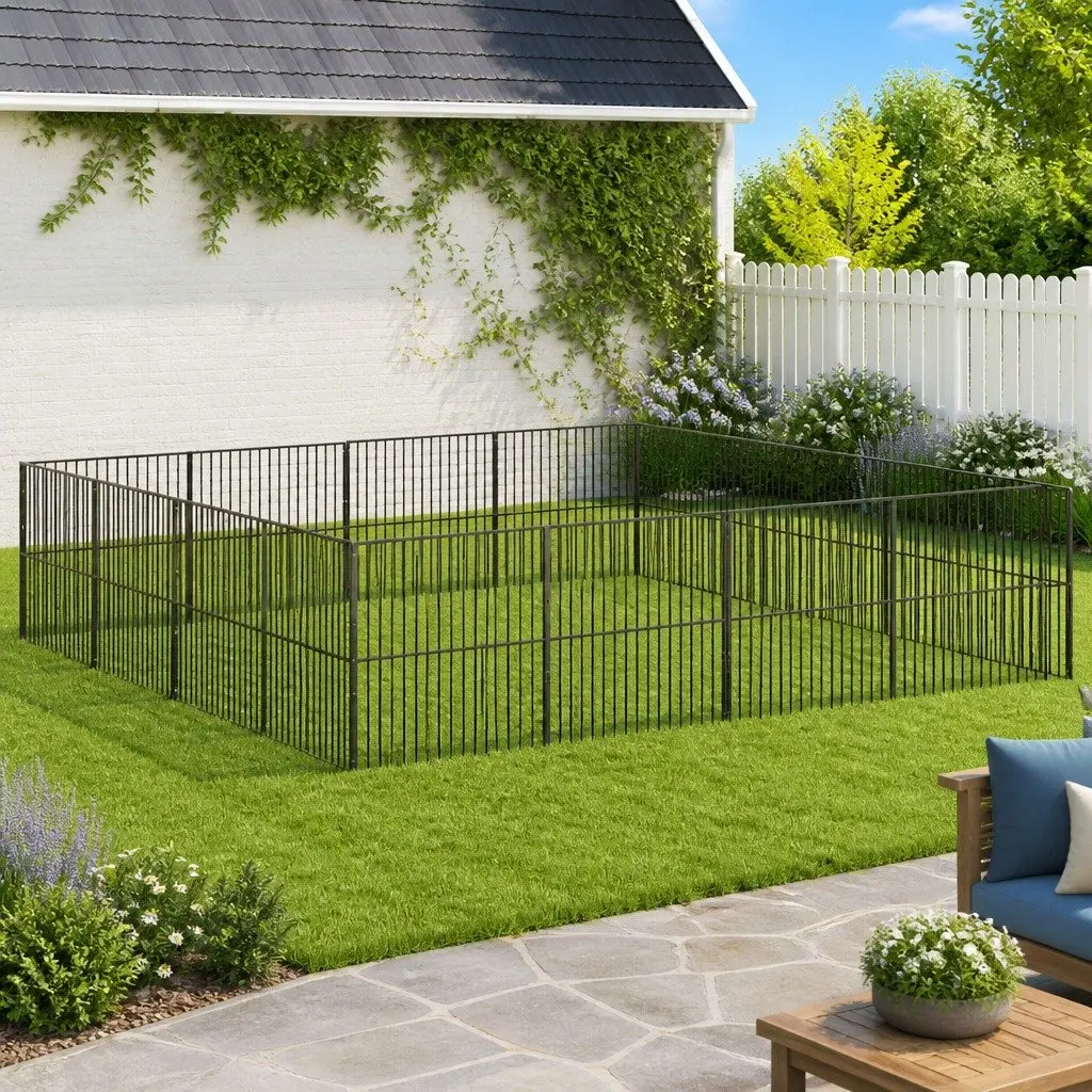 Dog Playpen 16 Panels Galvanised Steel Black Pet Exercise Enclosure