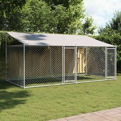 Dog Cage with Roof Doors Outdoor Kennel Run Galvanised Steel Grey 4x2x2m