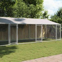 Dog Cage Kennel Run with Roof and Doors Grey Galvanised Steel Outdoor Pet Pen