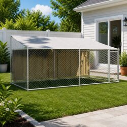 Dog Cage with Roof and Door Grey Galvanised Steel Outdoor Kennel Run Pen
