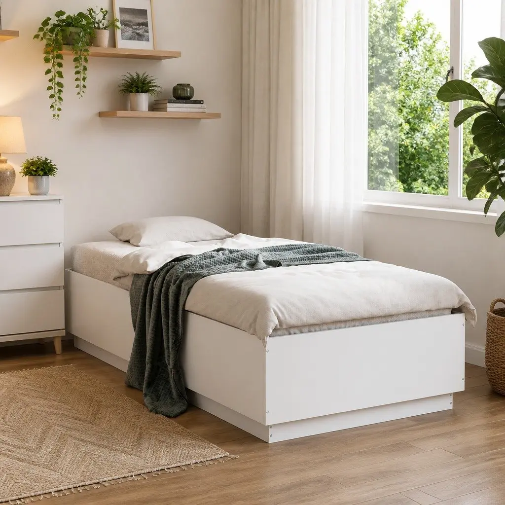 LED Bed Frame with Slatted Base 90x190 cm White Engineered Wood