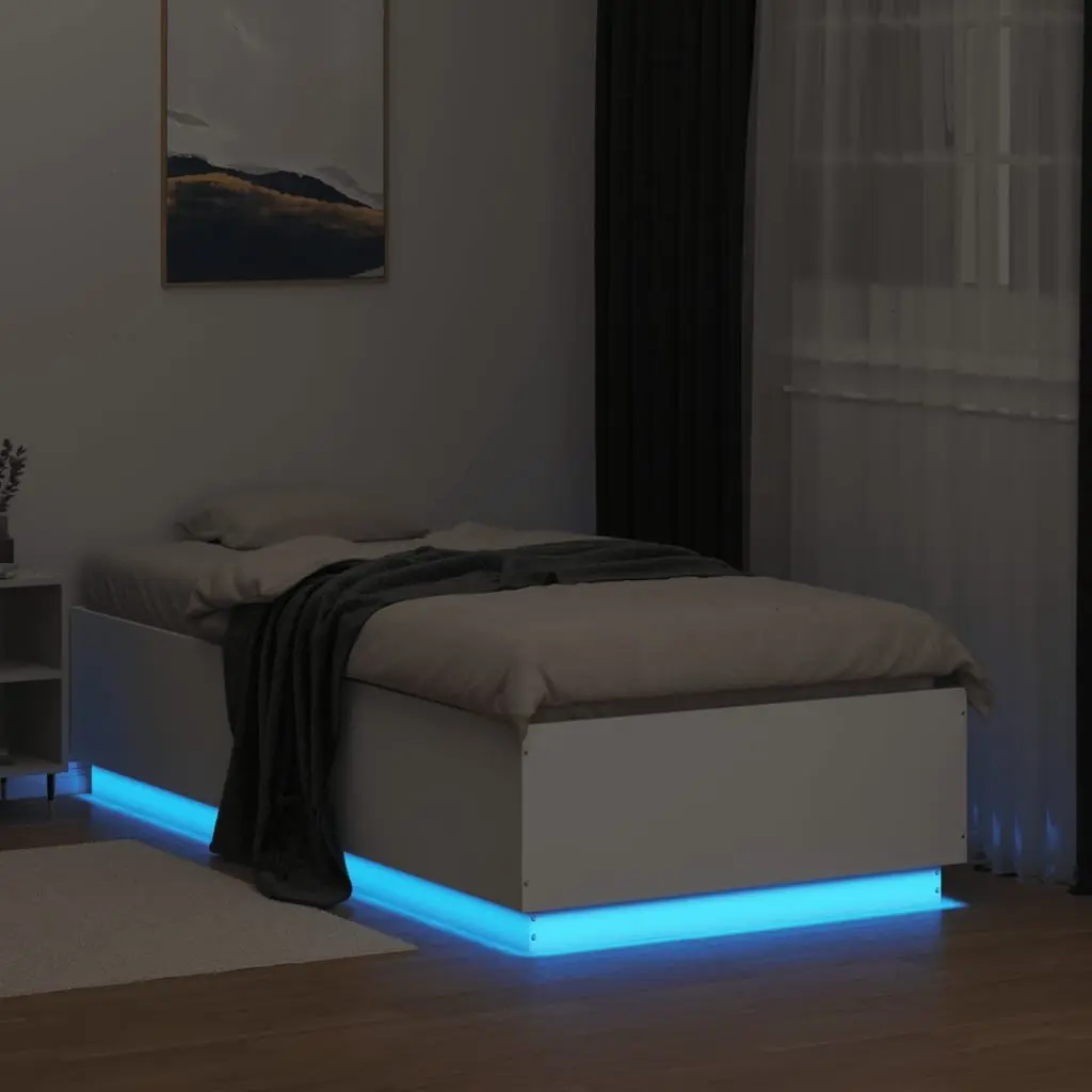 LED Bed Frame with Slatted Base 90x190 cm White Engineered Wood