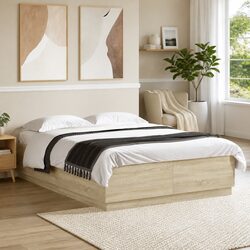 Bed Frame Sonoma Oak Brown Modern Design 150x200 cm Slatted Base Bedroom