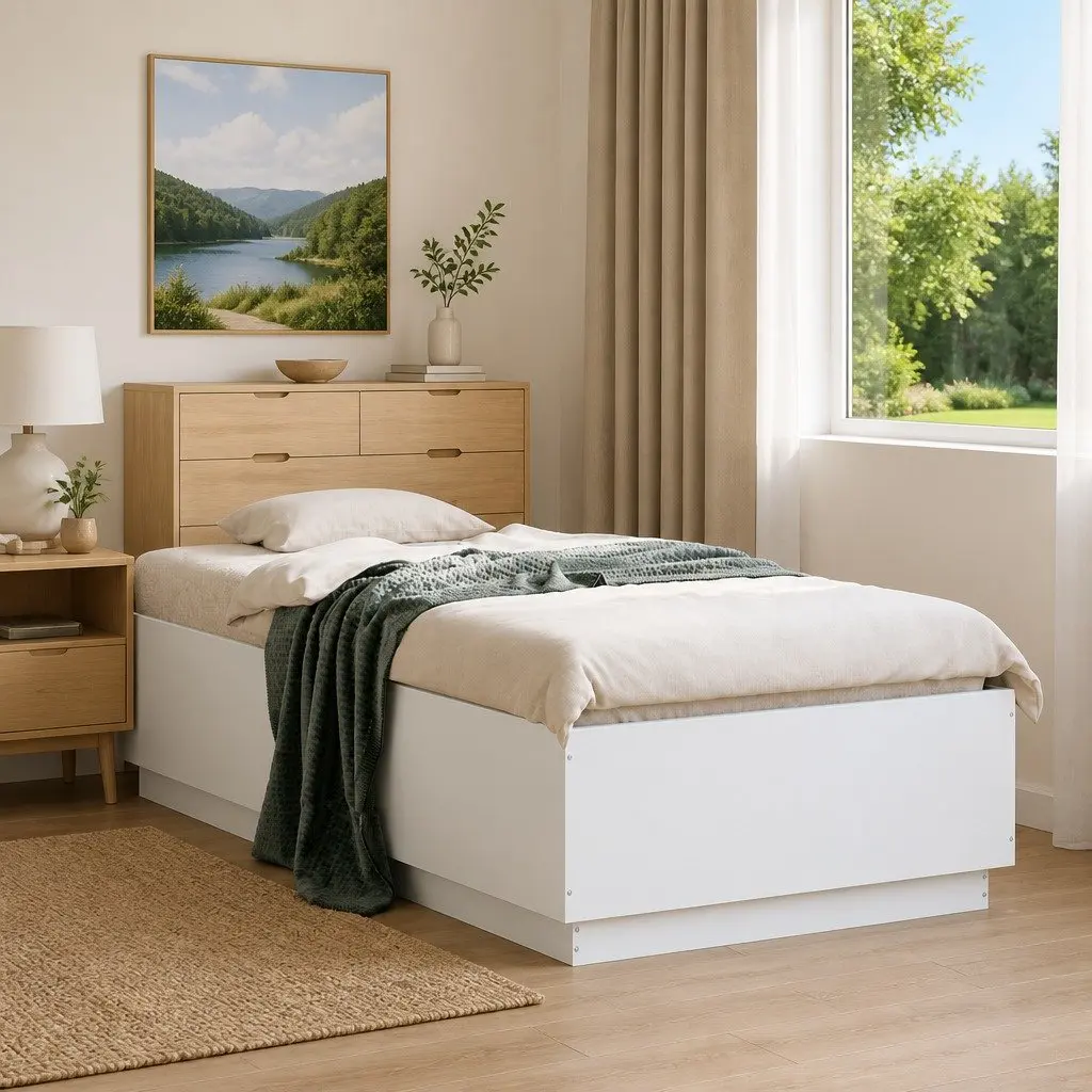 Bed Frame Slatted Base 90x190 cm White Modern Engineered Wood Bedroom Furniture
