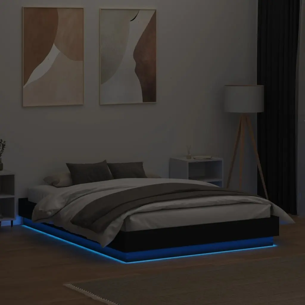 Bed Frame with RGB LED Lights 135x190cm Black Engineered Wood Platform Bedroom Furniture