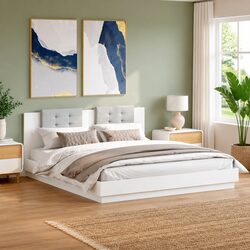 King Bed Frame White 183x203 cm with Headboard Engineered Wood Plywood Slats